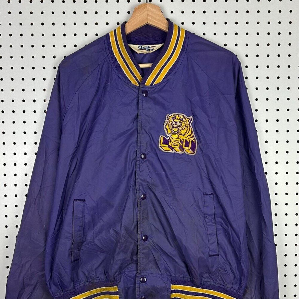 LSU Louisiana State Tigers Bomber Jacket XL Chalk Line Purple Vtg 90s Worn READ